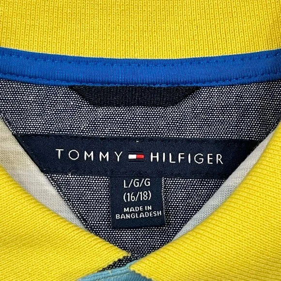 Tommy Hilfiger Kids Polo Shirt Yellow and Blue Stripes size 16/18 - Picture 2 of 3